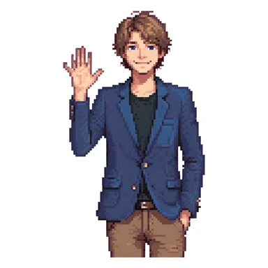 Flat pixel are, lively and clever male debater, fair skin, short messy light brown hair, sharp eyes with a mischievous smile, wearing indigo blazer over a casual t-shirt, one hand raised mid-gesture, waist-up, front-facing sticker