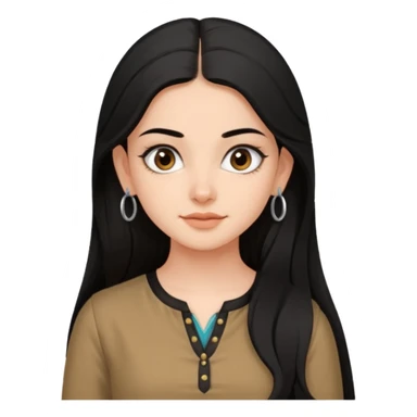 a pretty bratz fair girl with long black hair, kajal under eyes, small silver hoop. brown kurti on sticker