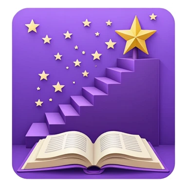 Minimal purple icon: an open book turning into a rising staircase with a star on top. Flat design. sticker