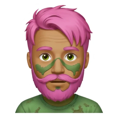 pink haired man with full full face dirty messy green clay mask and beard sticker