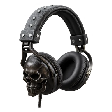 Remove the background, keep only the realistic black gothic headphones with sculpted skulls, leather texture, and silver studs, photorealistic style, with no background. sticker