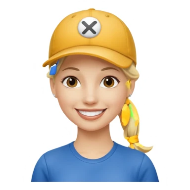 blond woman, pony tail, ball cap sticker
