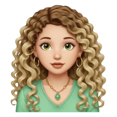 cute girl with not volominous VERY LONG curly/wavy balayage hair brown eyes full lips cute makeup cute necklace and hoop earrings white girl with light green top sticker