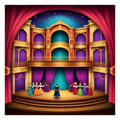 An icon showing a grand theater stage with actors performing in a vibrant play, surrounded by dramatic lighting. The audience watches from colorful balconies, adding to the lively atmosphere. The design captures the magic of live theater, set against a transparent background. sticker