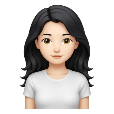 front-facing, chest-up portrait, symmetrical pose
long wavy black hair, glossy strands, slightly rounded volume, soft gentle smile, relaxed eyes, cute proportions
white T-shirt, minimal, pure white background, bright soft lighting, smooth plastic-like material, clean rende sticker