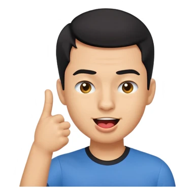 "Create a playful emoji of a young man with short black hair, wearing a blue shirt. He is winking with one eye, sticking out his tongue dramatically, and pointing to his forehead with one hand in a cheeky gesture.
 sticker