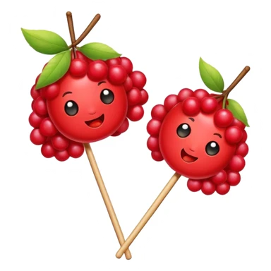 Sugar coated Chinese haws fruits crispy red snack, simplified emoji style with bold outlines and bright colors, cartoon style bingtang hulu on stick sticker