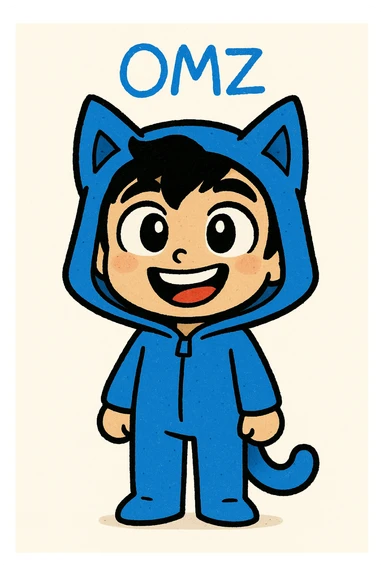 Extract only the blue character (OMZ) from the group in the original style and quality. Give the character a happy expression. sticker