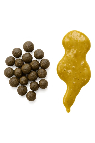 feci di animale a palline viste dall'alto e feci di animale liquide e gialline viste dall'alto, iperrealistico 4k sticker