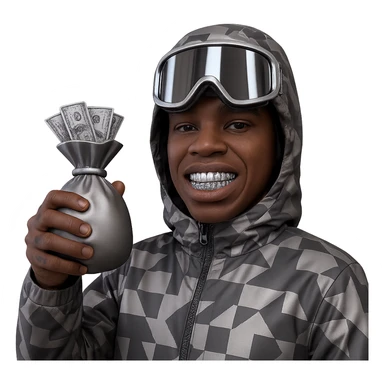 Create a character inspired by the person in the reference image with realistic brown skin tone and natural facial features. Dress him in a chrome patterned hooded jacket with a matte metallic finish (less shiny). He holds a chrome brown money bag with a subtle matte metallic look in the correct hand, with realistic US dollar bills coming out. Add shiny, reflective chrome grills on his teeth and shiny, reflective chrome ski goggles on his head. Only the jacket and money bag are matte chrome; the grills and ski goggles are shiny chrome. The face and hands look natural. Background is transparent. sticker