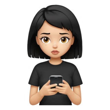 generate a pretty bratz girl with short black messy hair, looking tired and using her phone, wearing an oversized black tshirt sticker