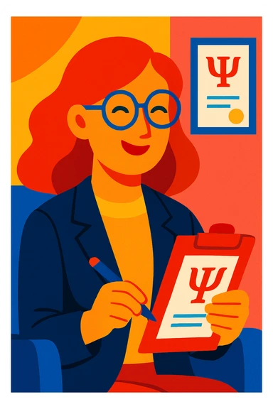 woman psychologist with red hair, smiling, vibrant modern illustration sticker