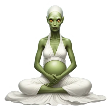 a Reptilian alien woman, pregnant, in meditation, white dress like a priestess sticker