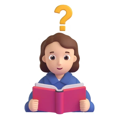 thoughtful character with question marks and open book sticker
