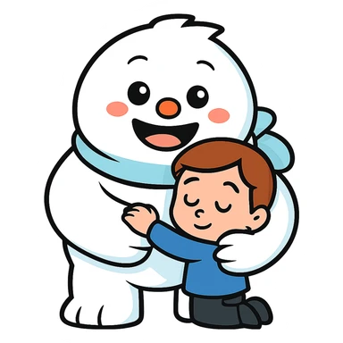 Make the kid much smaller while being hugged by the Abominable Snowman, keep the background transparent. The style should resemble the original image's look and feel. sticker