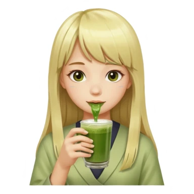 a girl have long blonde hair with bangs drinking matcha sticker