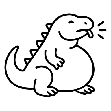 An outline of a chubby komodo dragon with motion lines indicating hiccups, oversized belly sticker