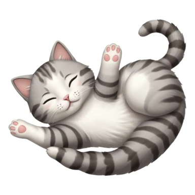 grey and white small cat eyes closed lying down upside down with paws stretched out straight in different directions sticker