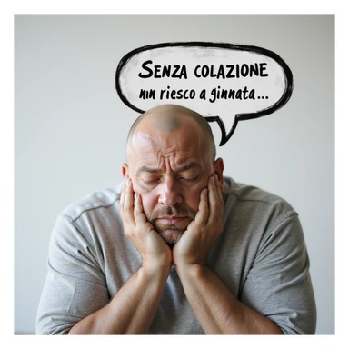 hyperrealistic 4K man isolated on white background, speech bubble saying 'Senza colazione non riesco a iniziare la giornata', sleepy expression, realistic details, different pose, variant 3 sticker