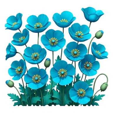 Hyperrealistic vivid, bright, ultra detailed, still life render, field of Himalayan blue turquoise Poppies sticker