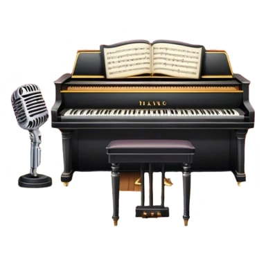 Icon for 50s American Musical Theater: a retro stage with neon lights, a classic microphone on stage, vintage piano, musical notes, vintage theater curtains, and Broadway-style elements. Avoid focusing solely on the piano. Transparent background. sticker