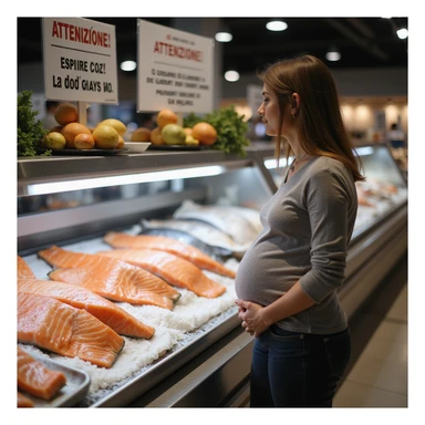 realistic pregnant woman in 4K approaching the fish counter and seeing a sign that says: 'Attenzione! Il consumo di salmone crudo puo comportare rischi in gravidanza' sticker