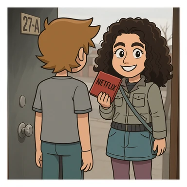 Replace the face of the girl with pink hair in the cartoon image with the face from the uploaded photo, keeping the same flat toon cartoon style and expression, matching the lighting and colors. sticker