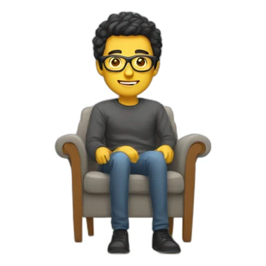 White man with yellow tinted glasses and black hair in a gray jumper and sitting on a chair sticker