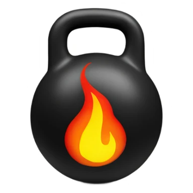 Black kettleball with red, orange, and yellow flame behind it sticker