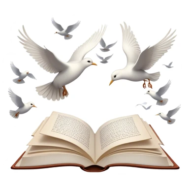 Icon for Poetry Reading: an open book with flowing verses, with pages transforming into a flock of white birds flying away. The icon should evoke the beauty, freedom, and emotional depth of poetry. Transparent background. sticker