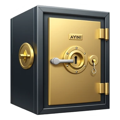 A secure vault door with the AYNI Gold logo at its center lock, glowing subtly. Flat design, metallic gold tones, black background, small “AYNI Gold” tag on the lower edge sticker