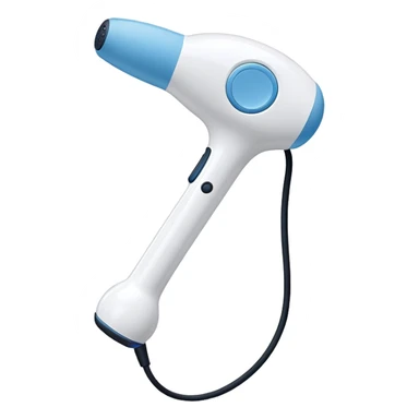 a white handheld massager with a rounded, padded head and a long handle. The handle features a blue accent area with a small black switch in the center, and a cord emerging from the bottom. The head is slightly larger than the handle and attached with a short blue neck sticker