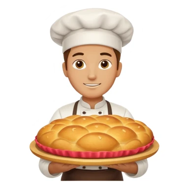 baker holding tray with big bread sticker