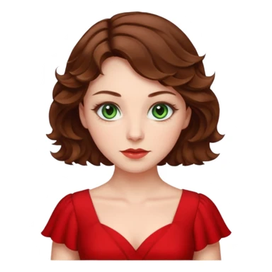 Green eyes,mi-short brown wavy hair,white skin tone,wearing red dress sticker