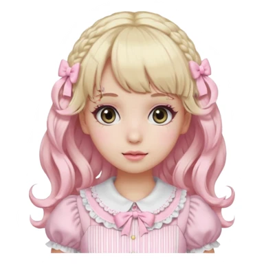 pale girl, curly blonde and baby pink hair, bangs, grey eyes, doll makeup, light pink lolita hime gyaru dress, emoji style sticker