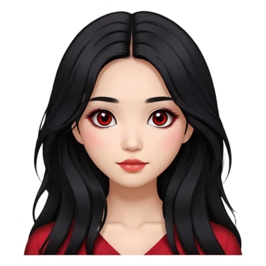 Asian girl with very long shaggy black hair, big dark eyes. middle part hair. long lower lashes, cheekbones with red blush. big dimples. simple dark makeup.  sticker