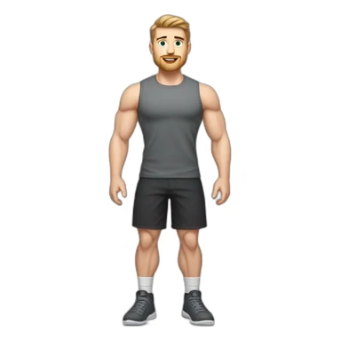 Full height Pale skinned fit man With biceps, Realistic eyes and mouth, light brown hair and stubble In dark gray sleeveless mike, black oversize sports shorts, watch and white sneakers. sticker