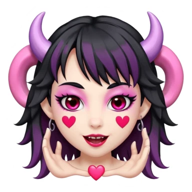 succubus,-pink-irises,-heart-pupils,-black-shaggy-hair,-straight-across-fringe,-grey-skin,-white-horns-curving-towards-forehead,-succubus-horns,-flirty-smile,-full-lips,-black-lips,-cute-fangs sticker
