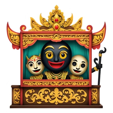 Cinematic Realistic Wayang Kulit Pop Culture Emoji, featuring a vibrant shadow-puppet theatre scene rendered with dynamic textures and artistic, traditional lighting. sticker