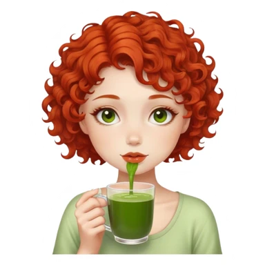 Curly red short hair girl drinking matcha sticker