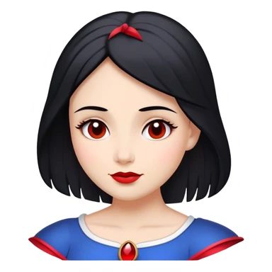 Cinematic Majestic Snow White Portrait Emoji, rendered in a clean, vector-style with bold, simplified shapes. Show Snow White with a serene, noble expression, radiant porcelain skin, and elegantly styled raven hair accented with subtle red highlights, her attire simple yet refined. The design radiates a majestic, pure glow with high shine and a soft glowing outline, embodying classic royal beauty. sticker