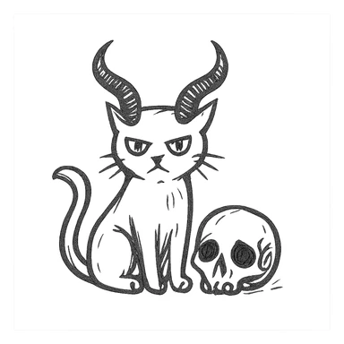 black cat with large, twisted demon horns, sitting next to a human skull, hand drawn style, dynamic outlines, no fill sticker