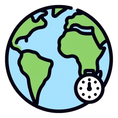 Earth globe with a small clock in the bottom corner, timezone icon sticker