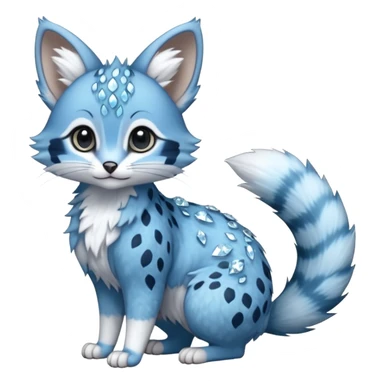 Hyper realistic  glacier-blue fur edged in frost-crystal lace and diamond sparkle dust beautiful elegant pretty precious cute  Fakémon-Pokémon-opossum-feline-serval-caracal-chinchilla-Furret-Minccino-hybrid-creature with a big fluffy bushy tail (full body) sticker