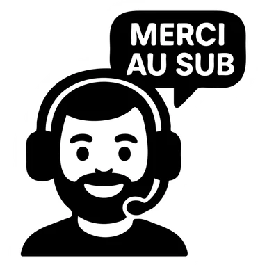A smiling person with black hair, brown eyes, and a black beard wearing a gaming headset saying "merci au SUB" sticker