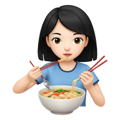 girl with black hair in short sleeves eating noodles with a spoon and chopsticks sticker
