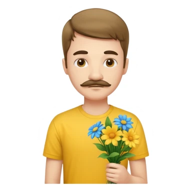 generate an ios genmoji of a 20 year old fair boy with 3 mustache hair. should look like he cant grow a mustache., carrying a flower bouquet, wearing a yellow tshirt, looking shy sticker