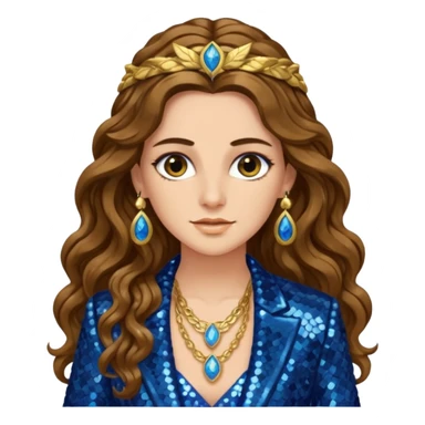 Hera from Greek Mythology with long brown wavy hair, blue sequin suit jacket sticker