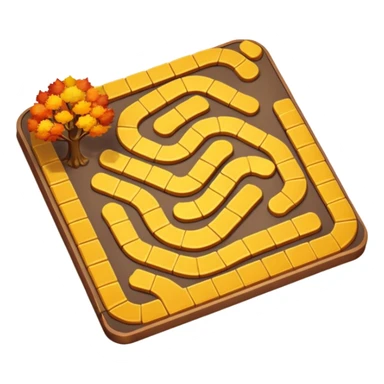 Create a cozy 3D cartoon board game path in warm autumn style. The path consists of 20 golden tiles in a winding S-shaped layout.  sticker