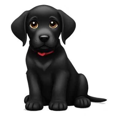 sitting black labrador puppy is holding a heart sticker